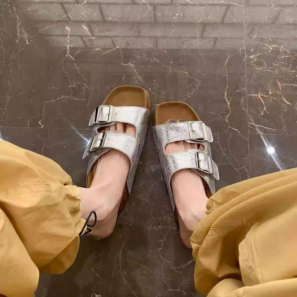 Cowhide Version~ Lazy One-pedal Double-breasted Beach Thick-bottomed Cool Slippers for Women's Summer Wear