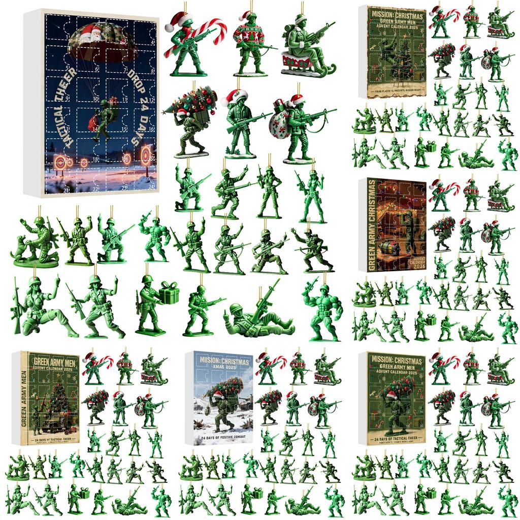 Weihnachts-Adventskalender-Überraschungsbox Mit Grünen Armeefiguren Acryl-Anhänger Für Feiertagsdekoration Und Geschenke