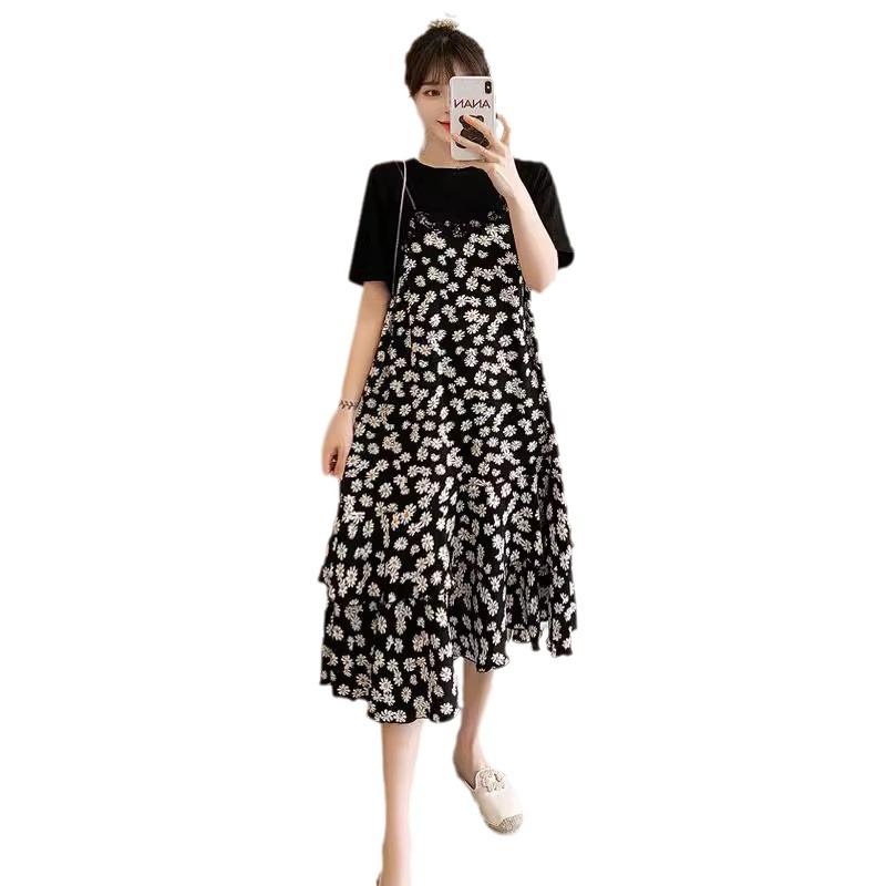 Plus Size Floral Cover-Belly Two-Piece Long Dress - Slim & Loose Fit for Summer