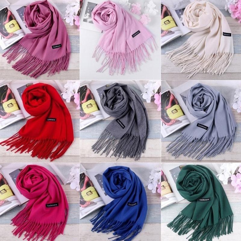 Thick Cashmere Solid Color Shawl Warm Scarf with Tassels Gifts for Women