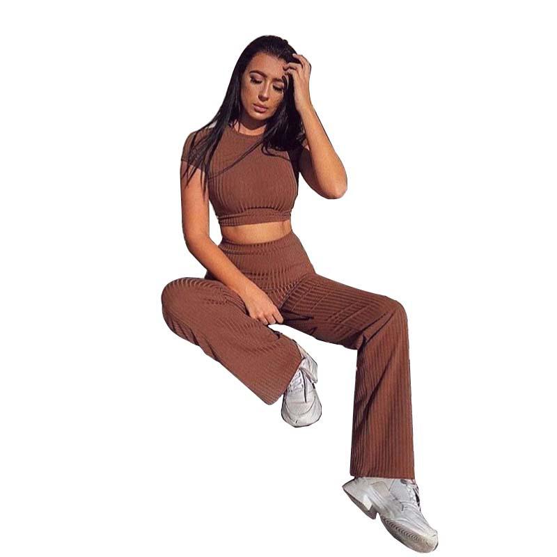 Women Ribbed 2 Pcs Set O Neck Crop Top 