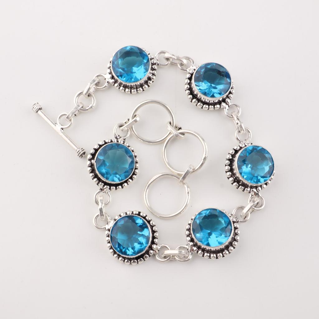 Swiss Blue Topaz Gemstone 925 Sterling Silver Jewelry Handcrafted Bracelet 7-9" RB-17-8