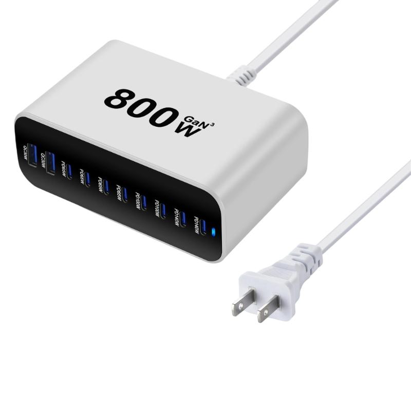 Intelligent Power Distribution 800W Charging Adapter 10 Port Design Metal Texture Suitable for Laptops and Phones
