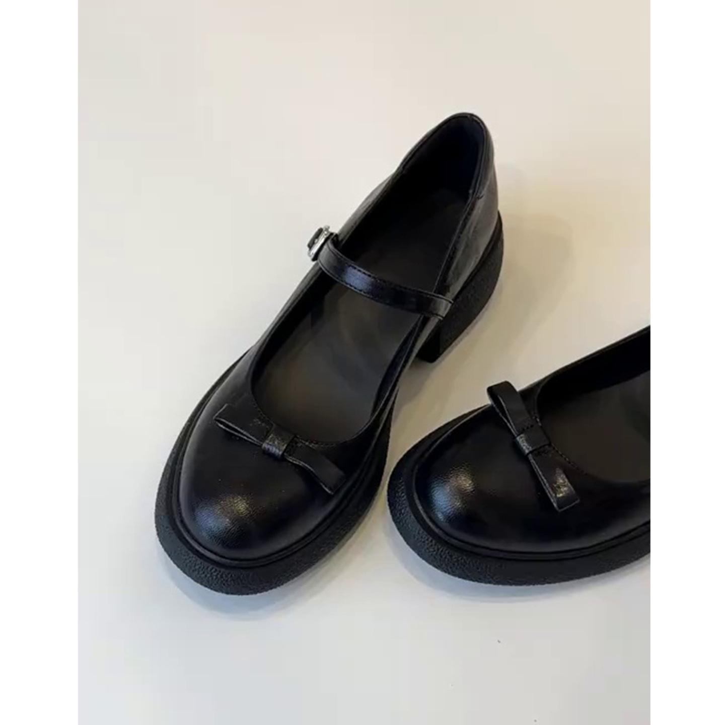 

Sheepskin~ Retro leather bow thick-soled black Mary Jane single shoes women s word with commuting light mouth small leather shoes 40