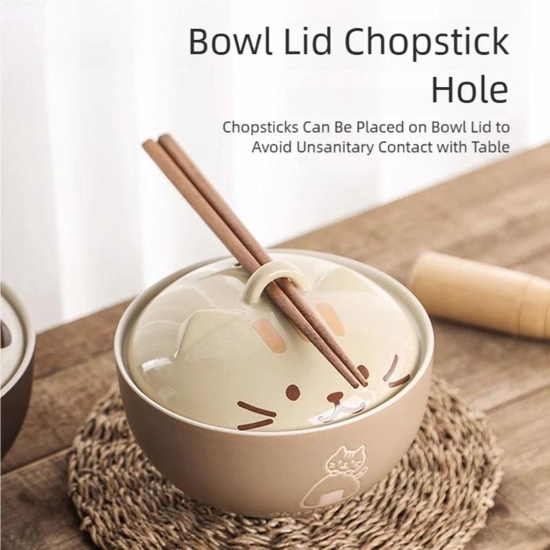Japanese Creative Ceramic Soup Bowl with Cartoon Cats Cover Designs 550ML Capacity Microwave Dishwasher Safe Tableware