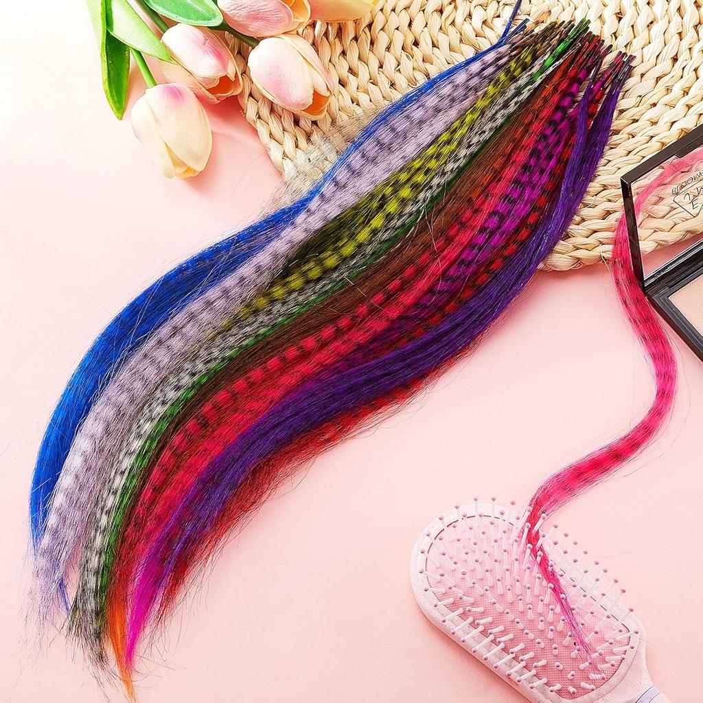 10Pcs Colored Hair Feathers Extension Kit for Women Long Straight Synthetic Hair Feather for Cosplay Party
