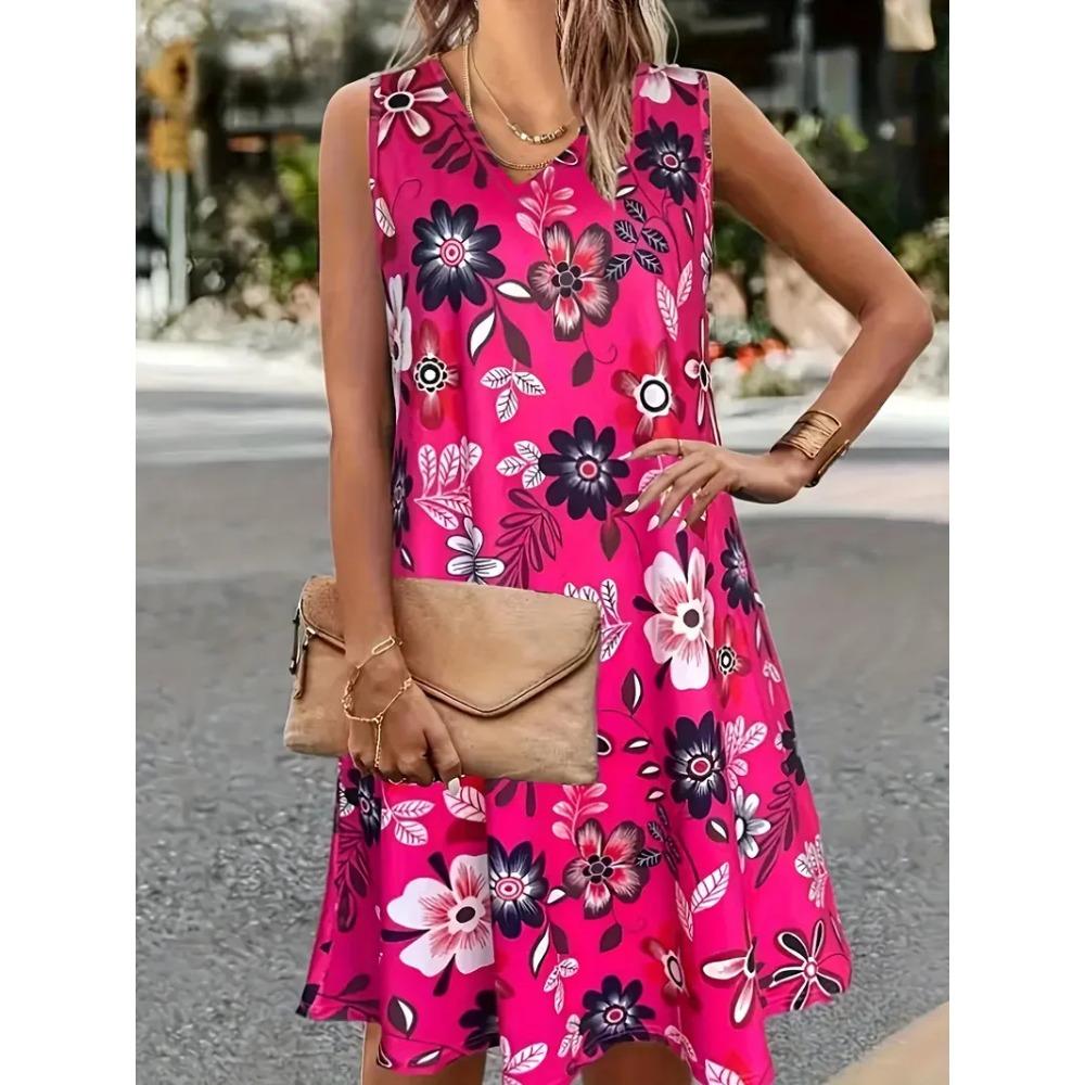 Summer Colorful Floral Print Round Neck Sleeveless Vest Dress Beach Vacation Plus Size Casual Comfortable Soft Breathable Women Mini Dress