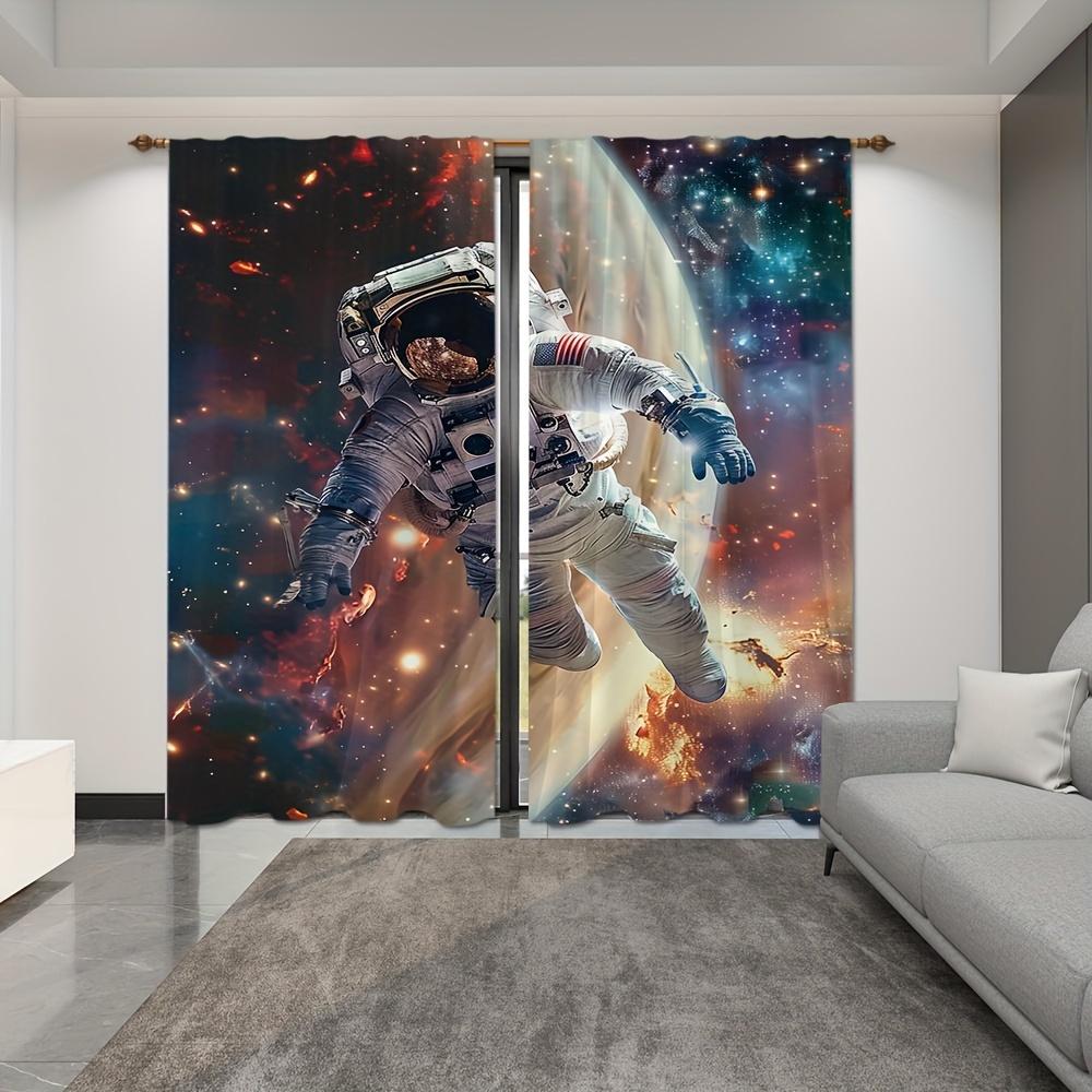 2pcs Astronaut Space Landscape Printed Curtain Privacy Window Drapes Rod Pocket Window Treatments For Bedroom Study Living Room