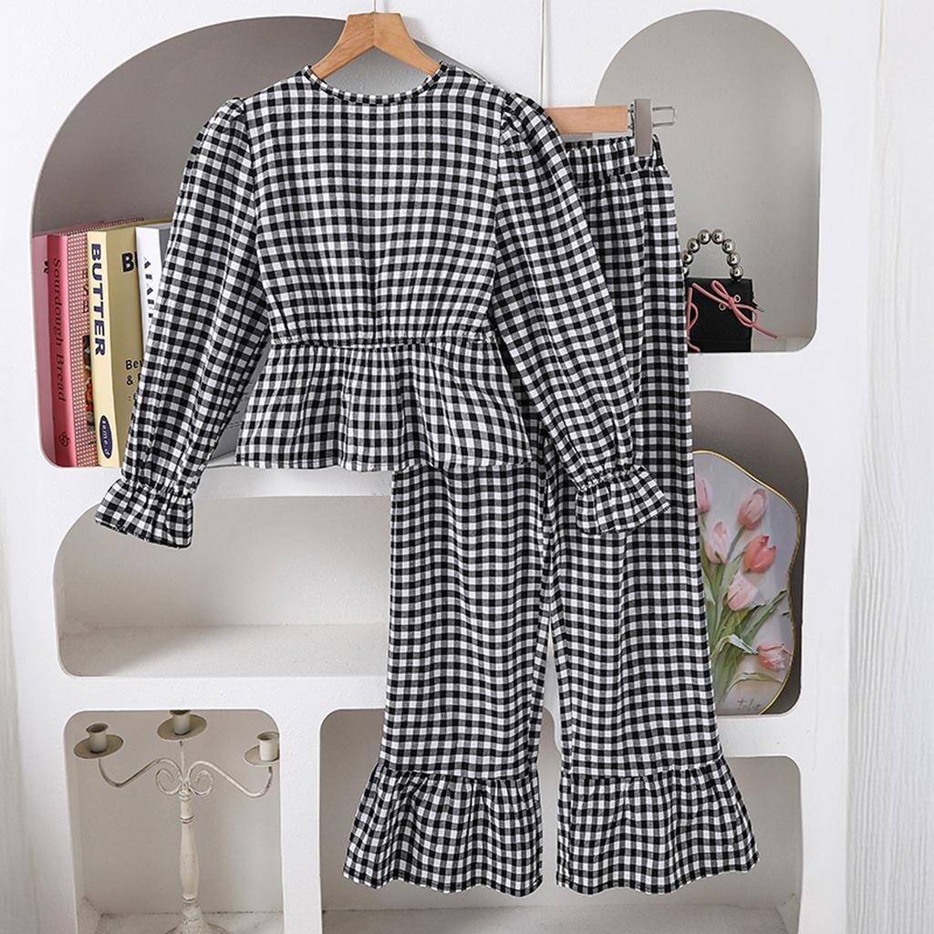 Girls' Outfit Children's Clothing Autumn New Sweet Artistic Style Plaid Long Sleeve Top with Lace Wide-Leg Pants