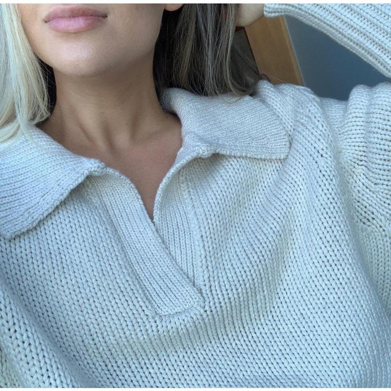 Kołnierzyk polo Luźny sweter damski swobodny dzianinowy sweter z długim rękawem Ciepły jednolity kolor Top Prosty dojazd Modny swobodny sweter Jesień Zima