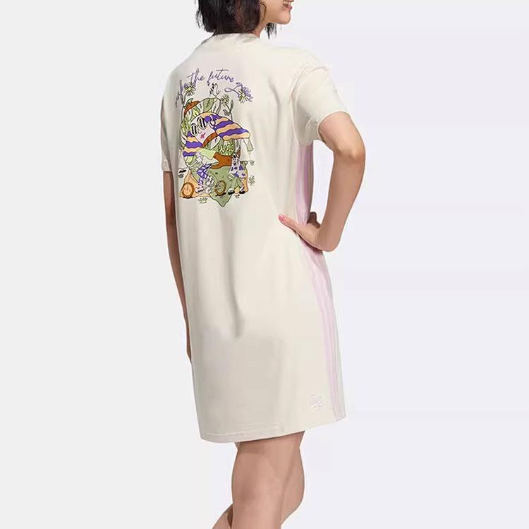 Adidas Neo Solid Color French Cartoon Pattern Printed Mid Waist Round Neck Short Sleeve Dress Women Dresses Beige HF7315
