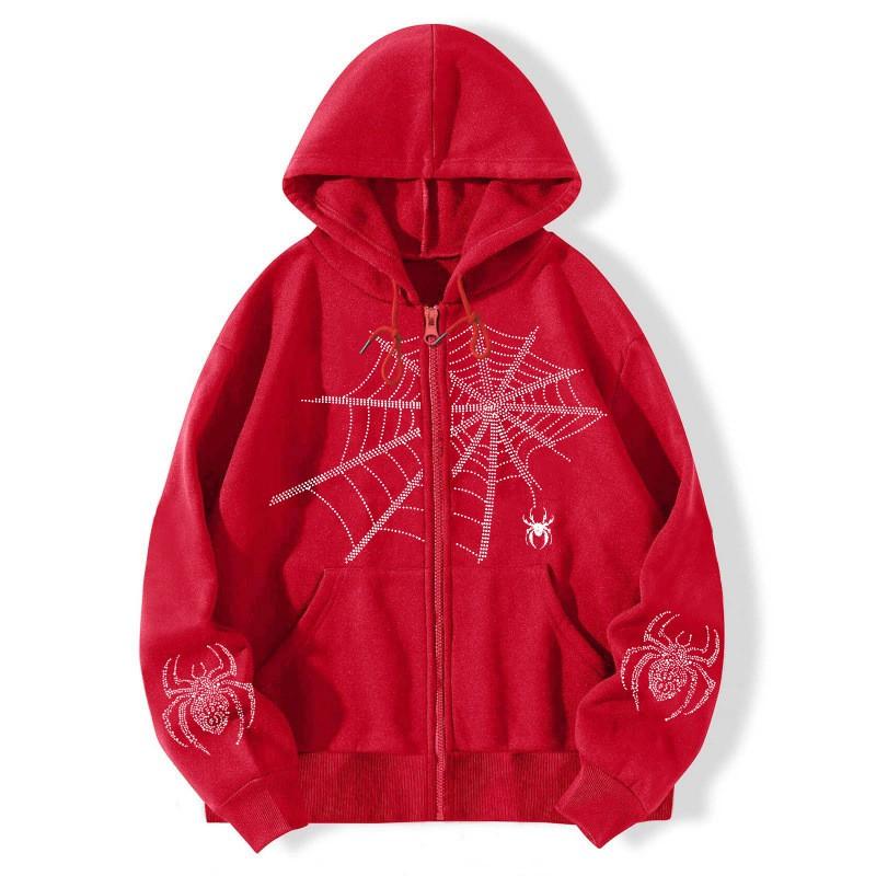 Mens Oversized Hooded Zip-Up Sweatshirt With Spider Print Retro American Style Loose Fit Winter Outerwear