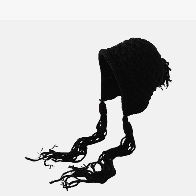 Handmade Fringed Braids Hat Y2K Sweet Girl Warm Beanie Hat InsStyle Bonnet Winter Autumn Skull Hat Pullover Earflap Hat