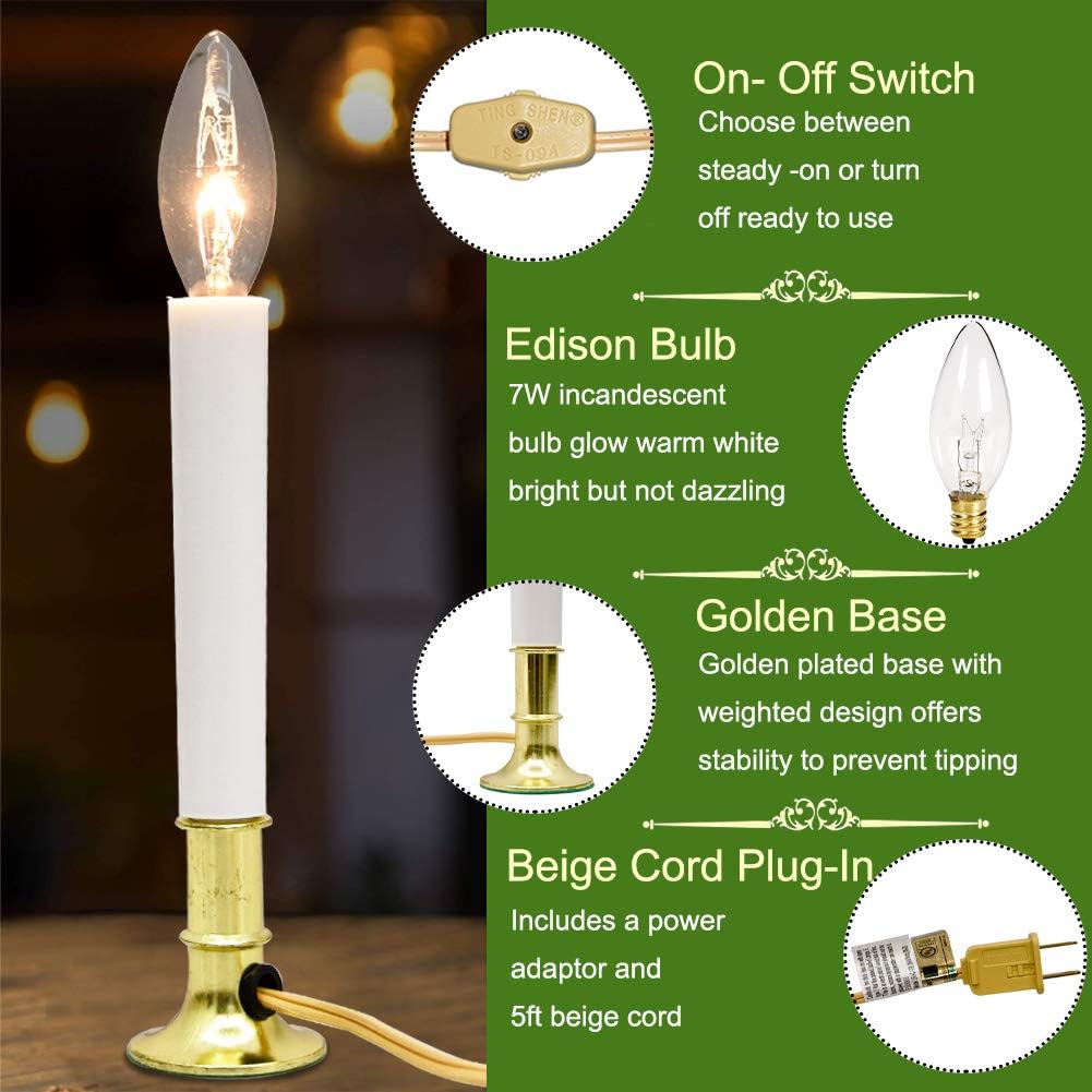 GOOTHY Electric Window Candles Lights with Golden Plated Base, Plug in Christmas Window Candles Lamp with C26 Clear Lights Bulb, Turn On/Off, 4 Pack