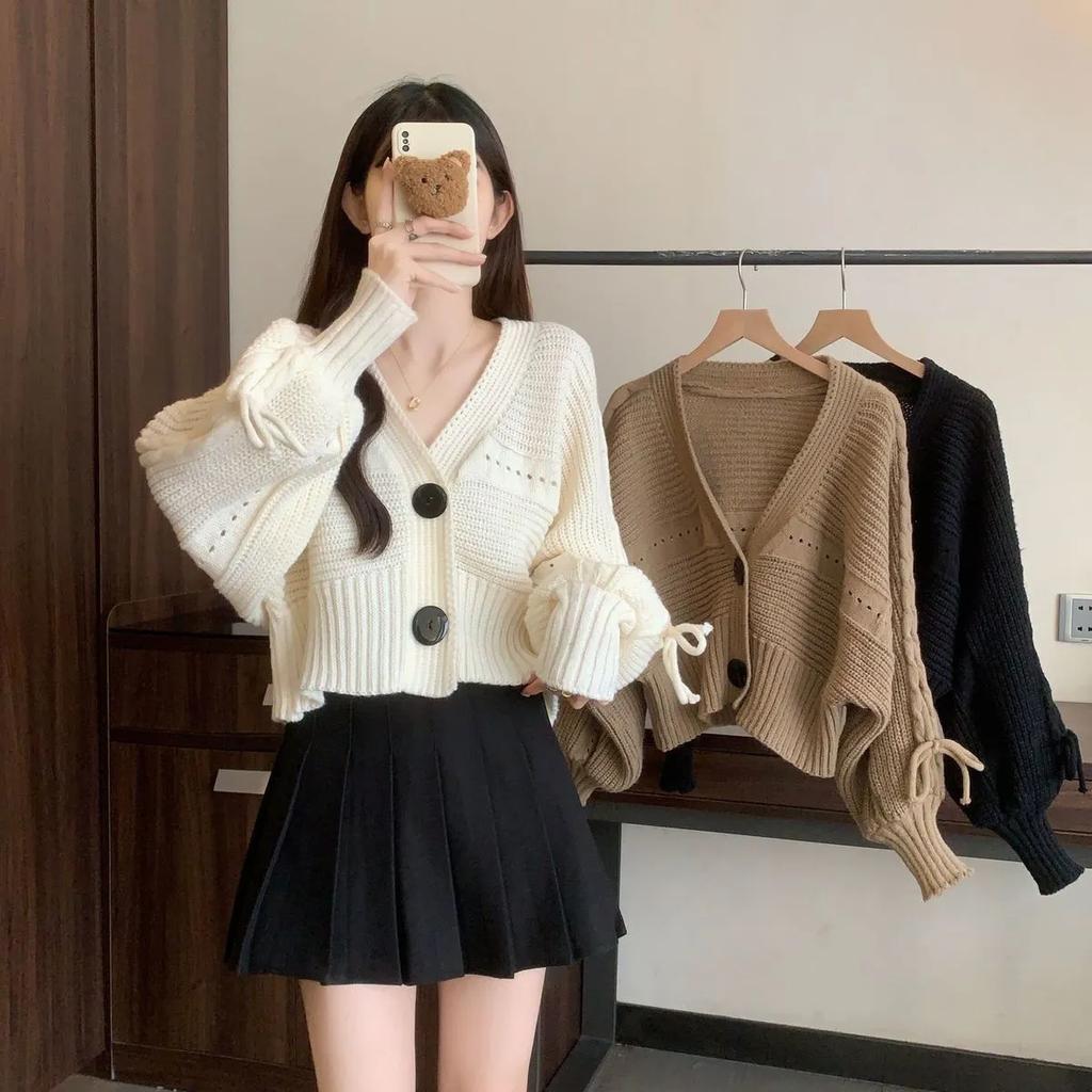 Women Autumn and Winter High-End Short Knitted Cardigan V-Neck Lantern Sleeve Sweater Coat Ladies Tops