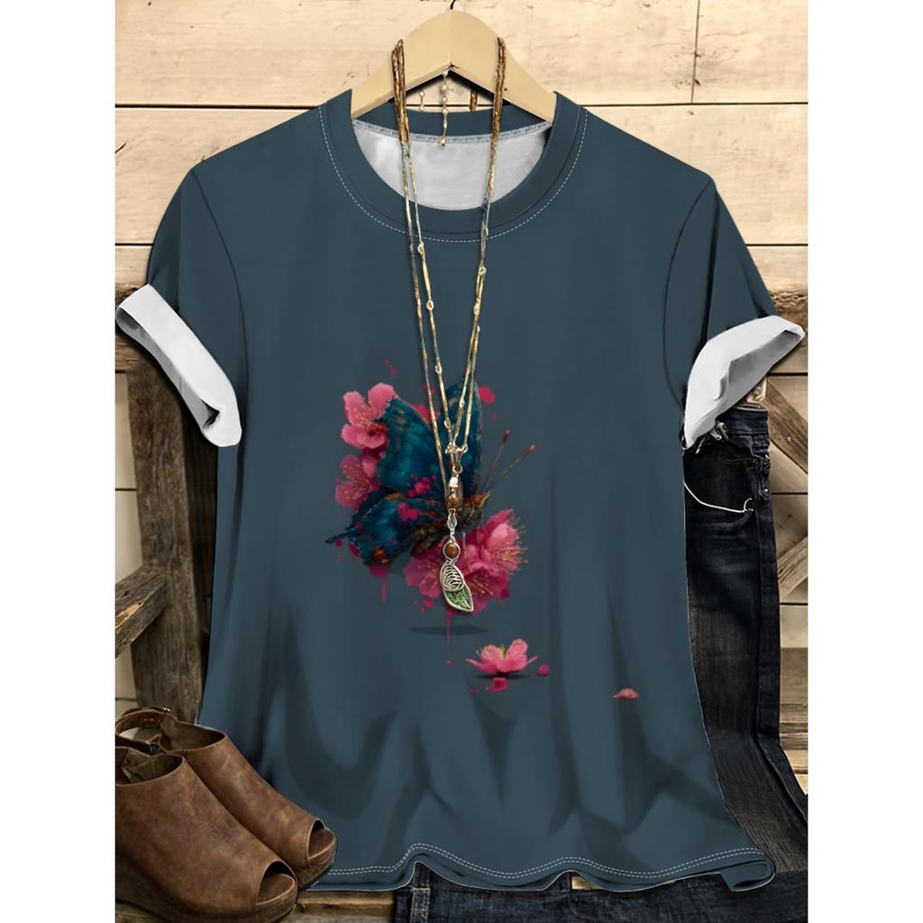Letní dámské tričko s kulatým výstřihem, 3D potiskem květinového vzoru, módní, ležérní, barevné, s krátkým rukávem