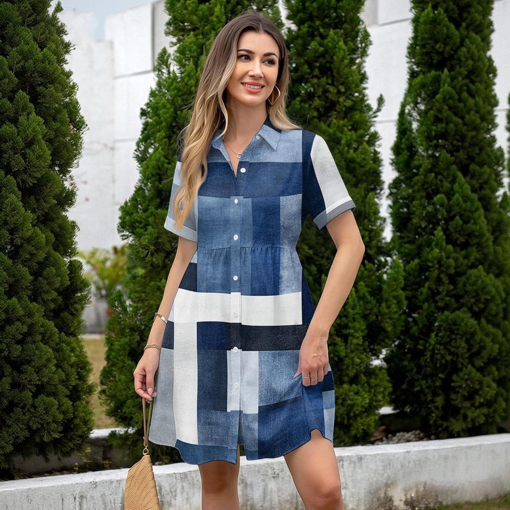 Women’s Casual Loose Fit Button Down Shirt Dress with Stand Collar and Floral Print Short Sleeve Design for Daily Wear