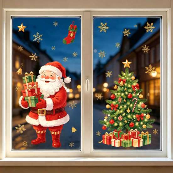 Winter Home Decor Christmas Window Clings, Cute Santa Claus Snowman Xmas Tree Stickers, Wall Stickers PVC Static Glass Decal for Living Room, Bedroom