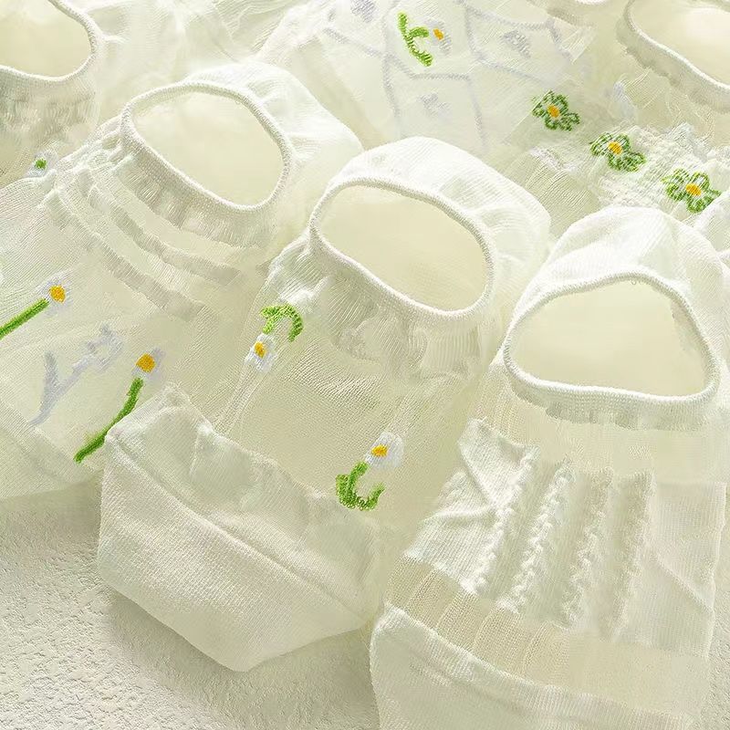 5 Pairs of Female Summer Ultra Thin Hollow Breathable Cool White Stealth Boat Socks