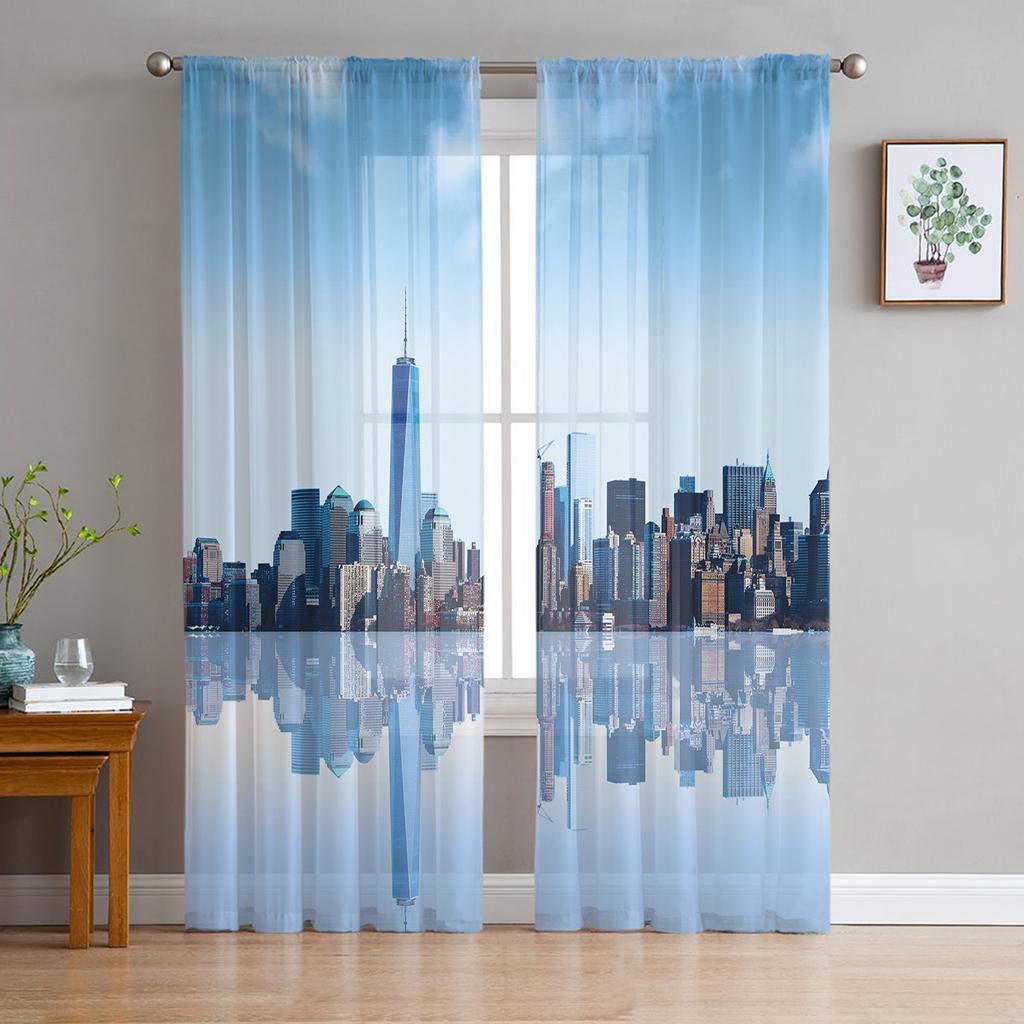 Luxury Tulle Curtains Lake Michigan City Dusk Living Room Kitchen Chiffon Curtain Youth Bedroom Sheer Floor Valance Curtain
