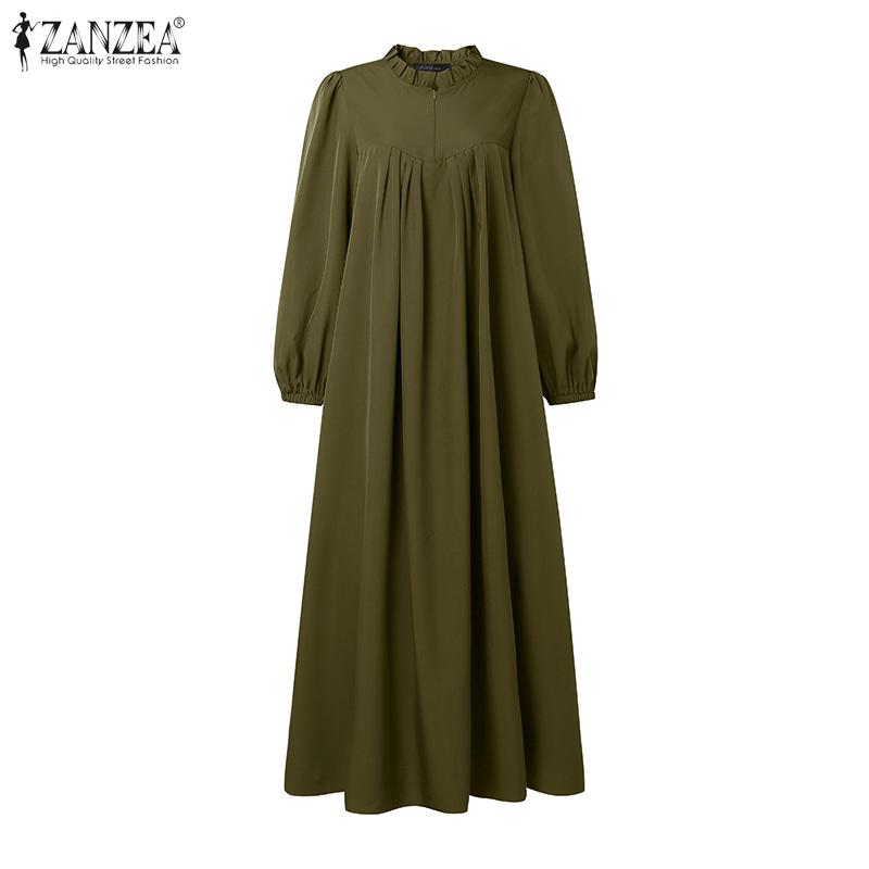 ZANZEA Women Round Neck Long Sleeve Loose Vintage Long Dress