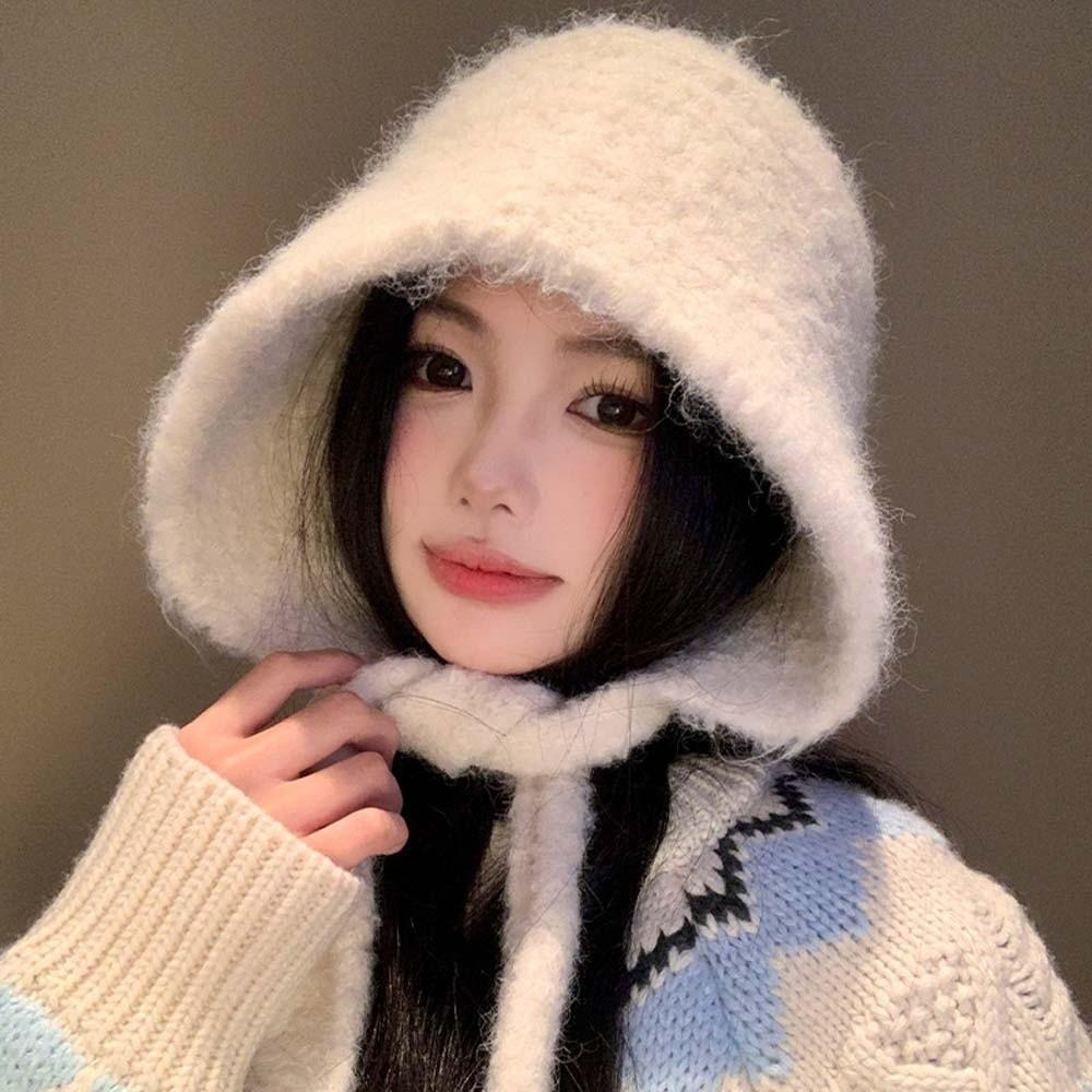 Double Side Knitted Hooded Cap Acrylic Fibers Winter Neckerchief Hat  School