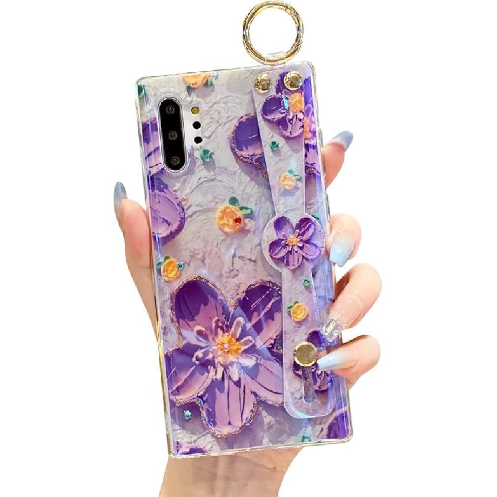 for Samsung Galaxy Note 10 Plus Case 6.8  [NOT 6.3 ] Sparkle Bling with Strap Stand Cute Pattern IMD Silicone Shockproof Protective Glitter Cases Purple Flower