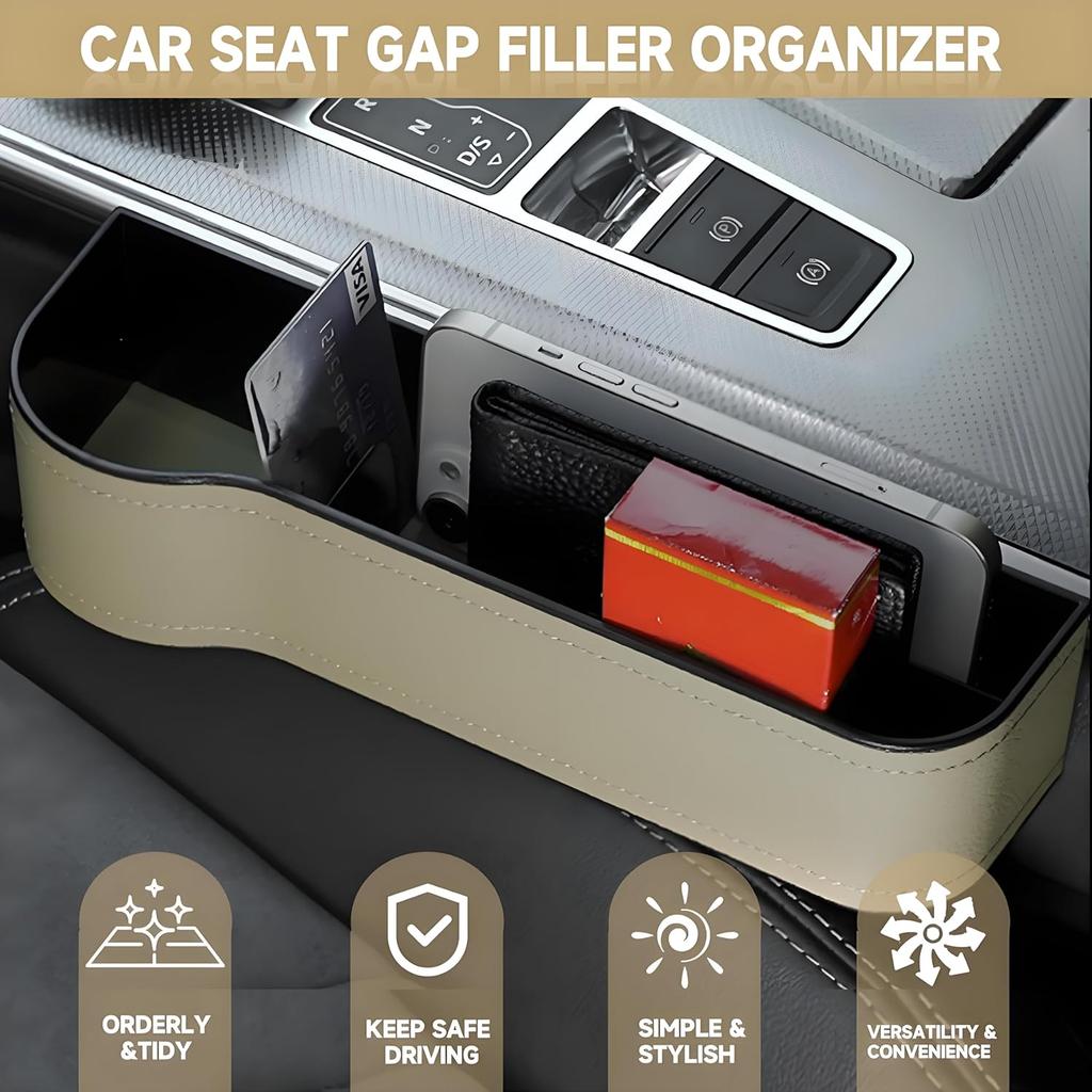 2026 Upgraded 2 PC (L+R) Premium PU Leather Car Seat Gap Filler Organizer With Cup Holder & Storage Slot/Bag– Fits Front Seat, Holds Phone,