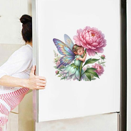Rosa Blumenfee Fenster Statisch Haftend Abnehmbar PVC Großer Pfingstrosenblüten Aufkleber für Kinderzimmer Schlafzimmer Wohnzimmer Fenster Glas Tür Dekor