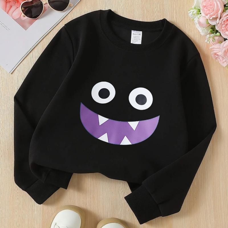 Kids Crewneck Sweatshirt, Blue Big‑Eyes Face Print,Casual Sportswear for Spring & Autumn