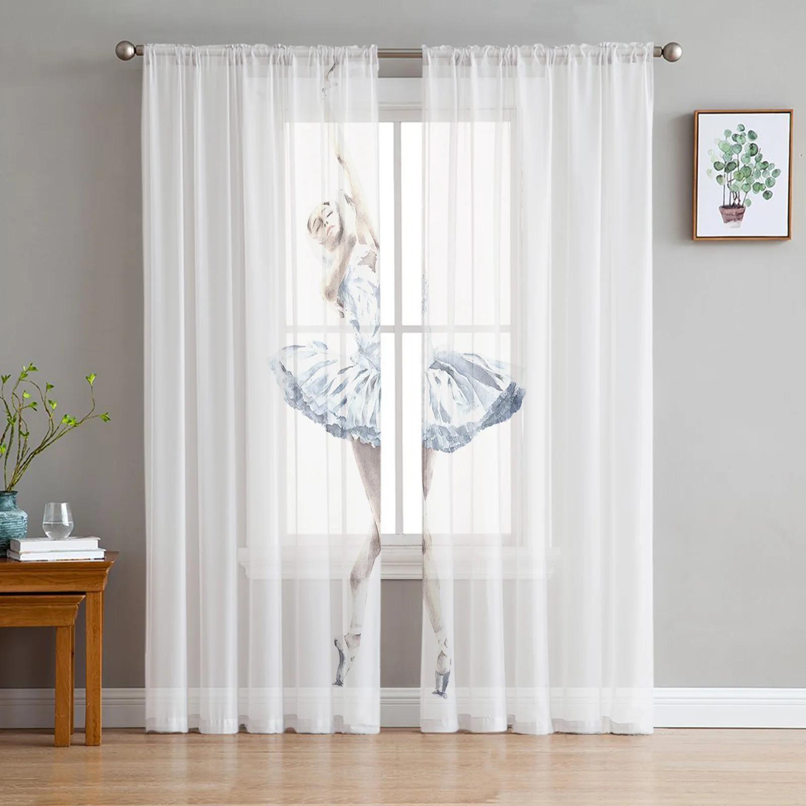 

Балетная танцовщица для девочек, прозрачные шторы с розовым цветком, оконные шторы для гостиной, спальни, домашний декор, шифоновая занавеска с цветущей вишней W50XH250cm x 2&Rod Pocket