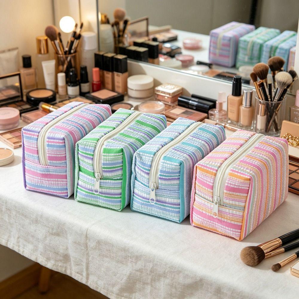 Lightweight Striped Makeup Pouch Large Capacity Travel Skincare Bag Cosmetic Bag Girls