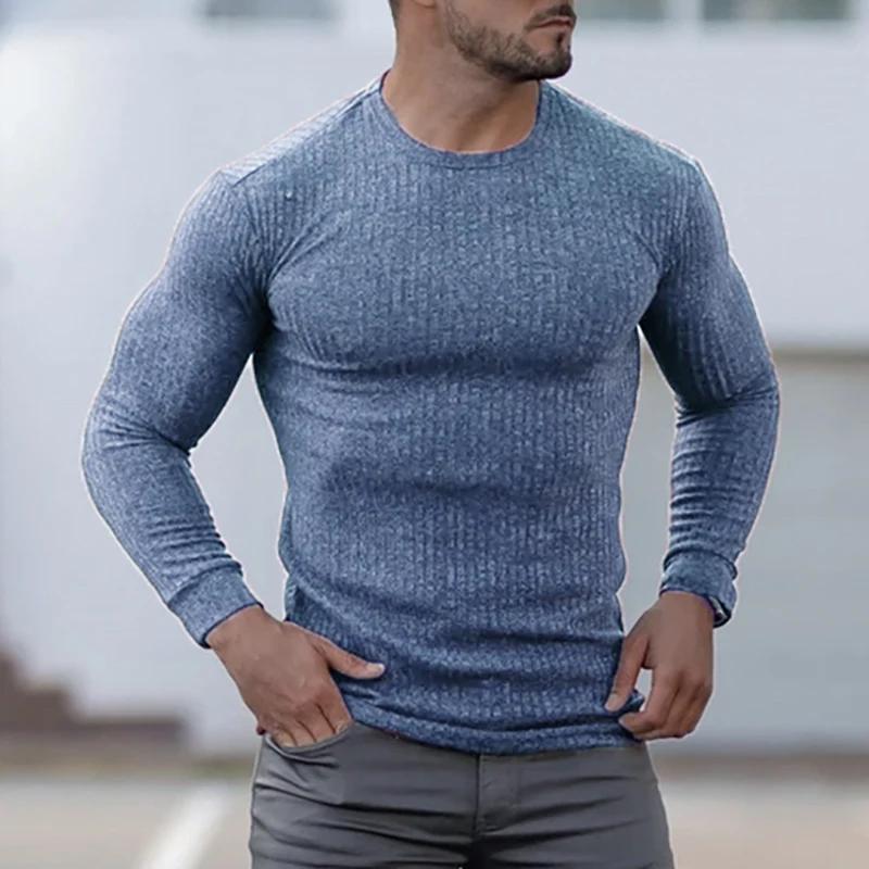 Muscleguys Spring Autumn Knitted Sports Long Sleeved Slim Fit Round Neck Running T-shirt Mens Casual Gym Training Bodybuilding Tees Shirt