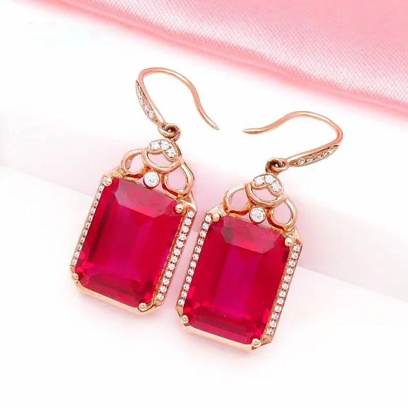 Luxury Fashion Crystal Design Red Zircon Drop Earings Square Ruby Earrings for Women Engagement Banquet Zircon