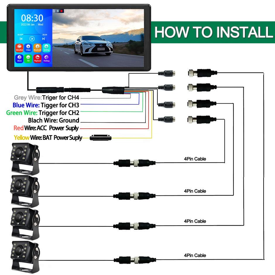 GreenYi 10.36 Inch 4CH Touch Screen Car MP4 DVR Recorder Monitor With AHD 1080P Night Vision Waterproof Camera For Truck/Bus/RVs