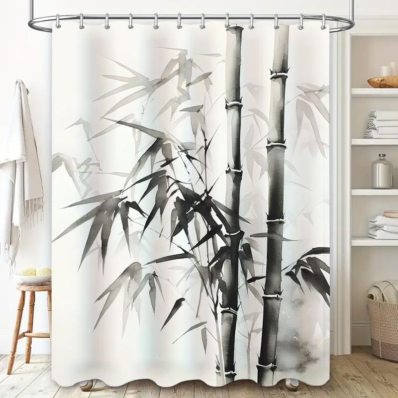Bamboo Shower Curtain Black White Watercolor Print Long Bath Mat Modern Decorative Waterproof Fabric Available In Various Sizes