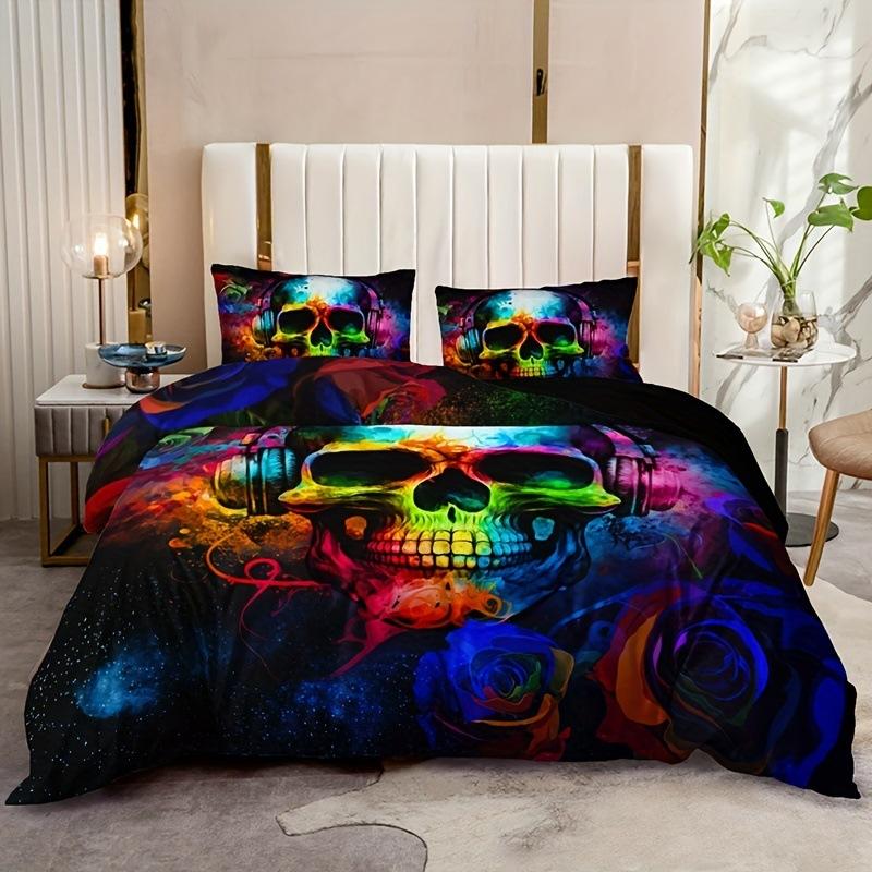 Color Skull Digital Printing Quilt Cover Bedding Home Textile Polyester Quilt Cover Three-Piece Set