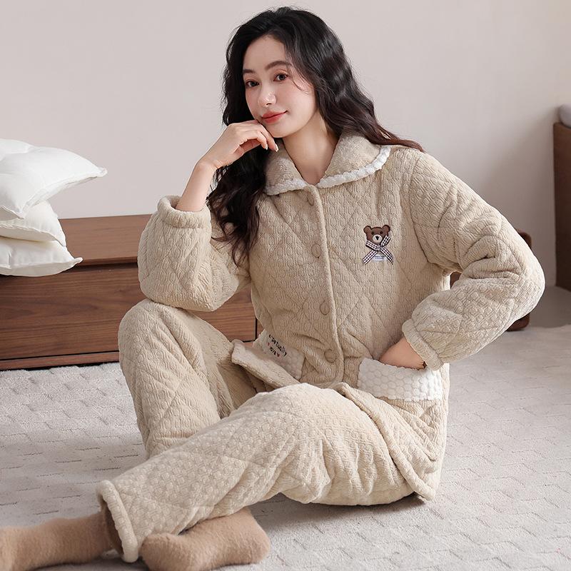 Winter padded pajamas women's three-layer thickened coral fleece padded jacket autumn and winter flannel loungewear warm suit