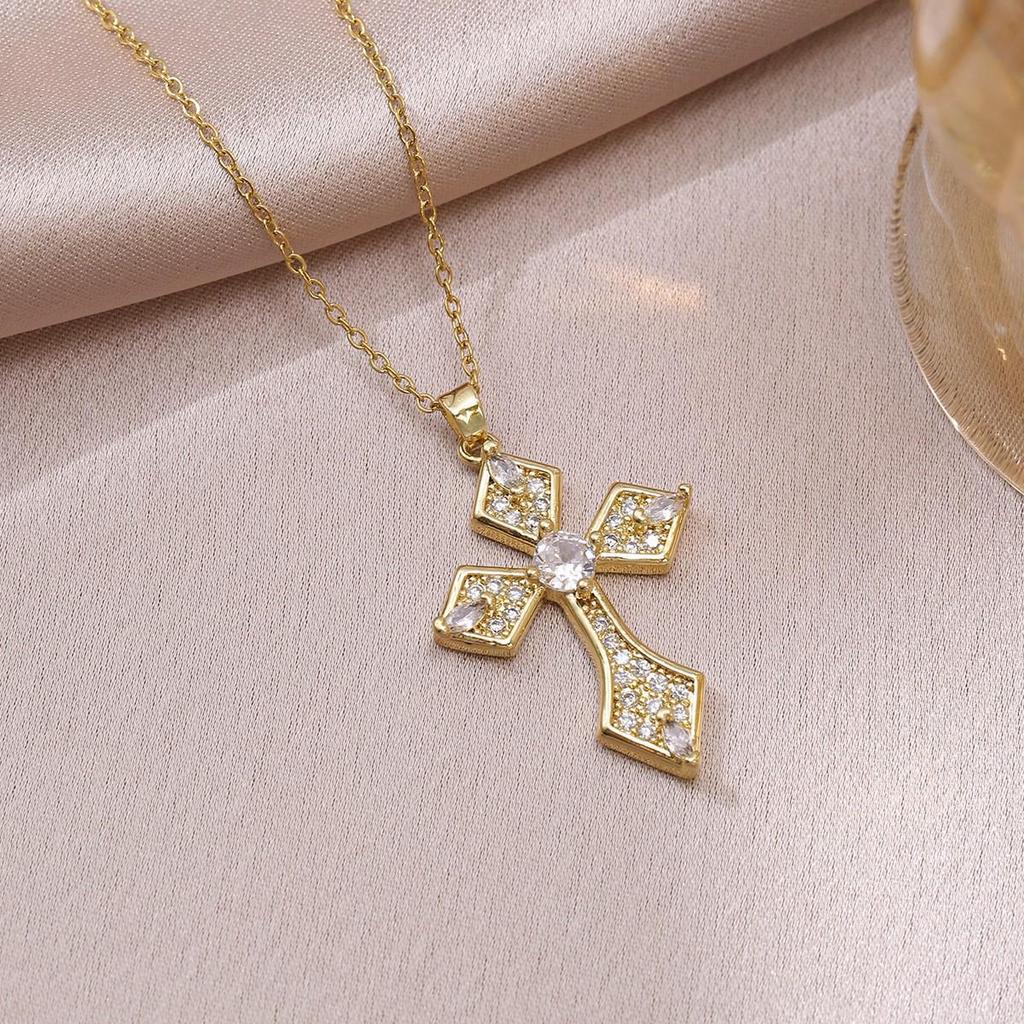 Damen Bunte Zirkon Kreuz Halskette - Nischendesign mit Voll-Diamant-Anhänger an Edelstahlkette