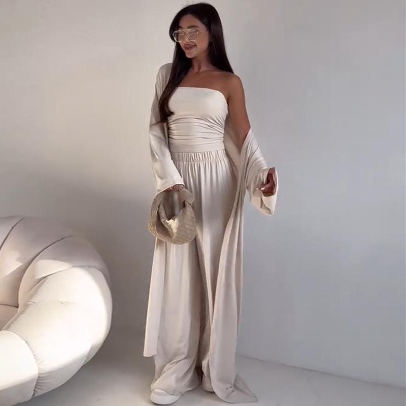 2025 Summer Women’s Strapless Vest, Long Cardigan, and Wide-Leg Pants Set