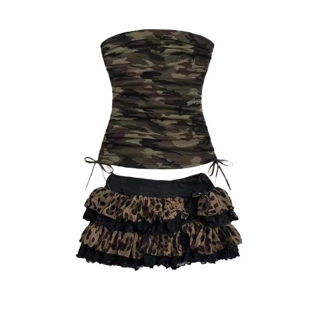 2026 Cross-Border American Camouflage Fashion Pleated Mini Skirt Set with Bandeau