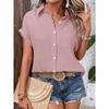 Women lapel collar crinkle textured short sleeve shirt solid multi color loose fit beach casual button down blouse