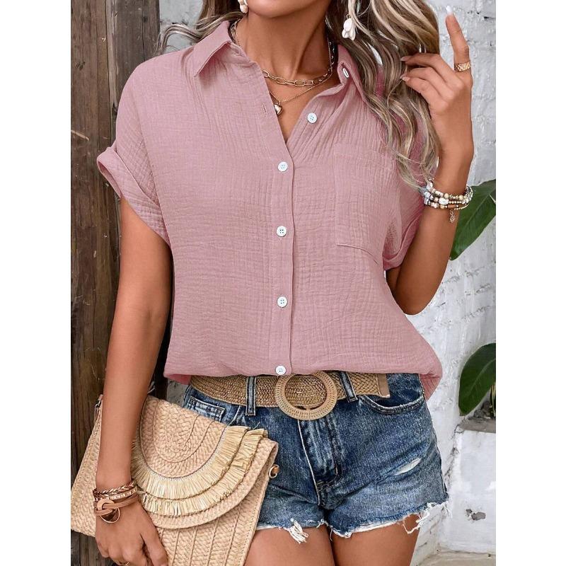 Women lapel collar crinkle textured short sleeve shirt solid multi color loose fit beach casual button down blouse