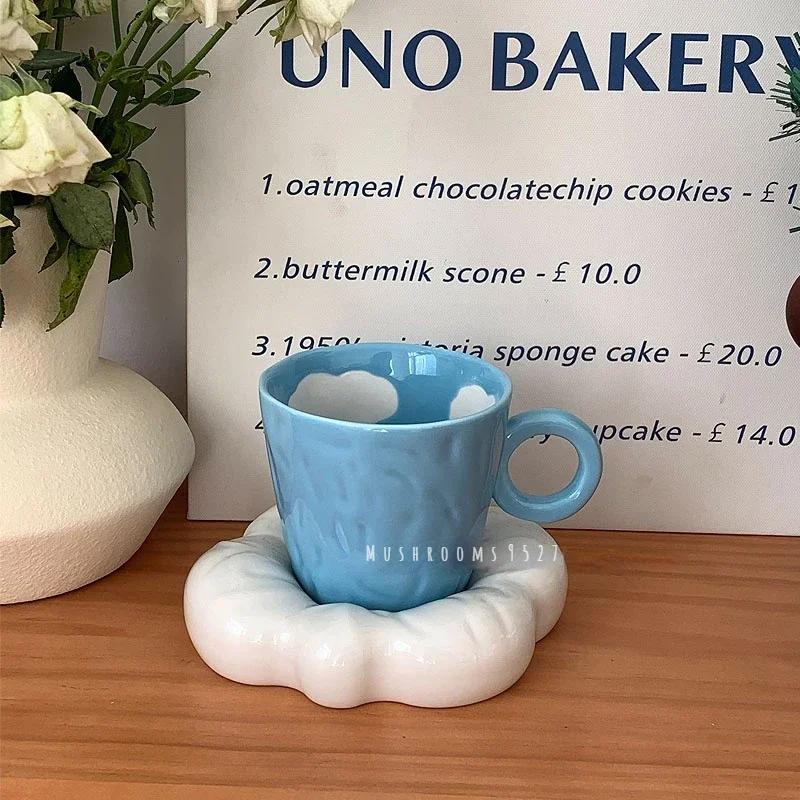 Mushrooms Korean Style Niche Ceramic Irregular Blue Sky Clouds Ceramic Cute Coffee Cup Saucer Exquisite Afternoon Tea Coffee Mug