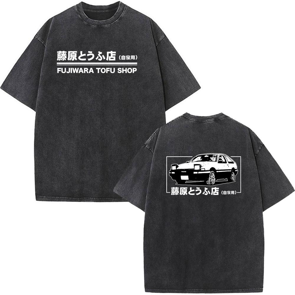 Anime Initial D Drift AE86 Washed Vintage Print T-shirt RX-7 R34 Skyline GTR JDM T-shirts Men's Harajuku Cozy Oversized T Shirts