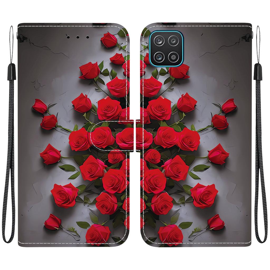 Handgefertigte PU-Leder-Flip-Hülle für Samsung Galaxy A12 5G Rutschfeste Stoßfeste Hülle mit Handschlaufe & Herz/Rose Katze Designs