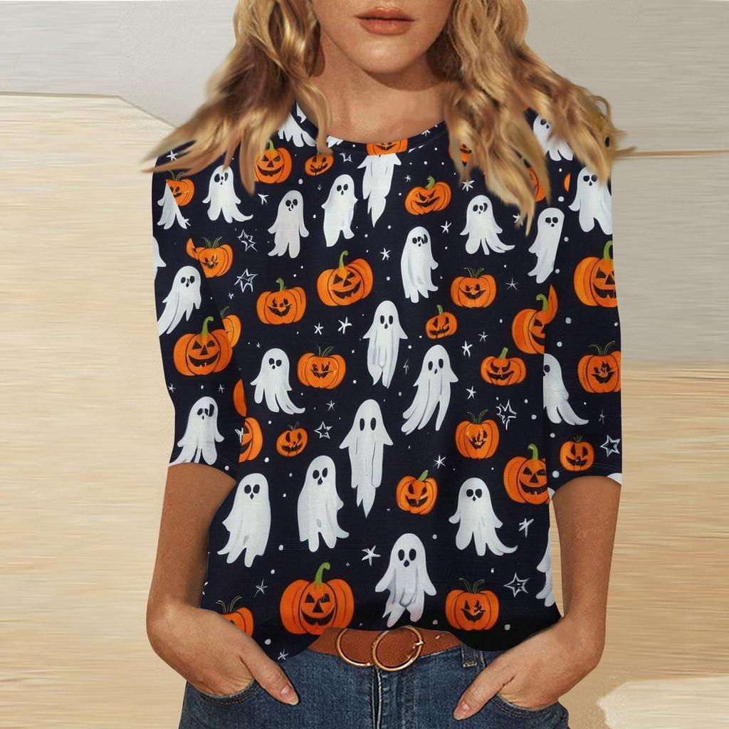 Women's Fashion Casual Round Neck Printed 3/4 T-shirt Top