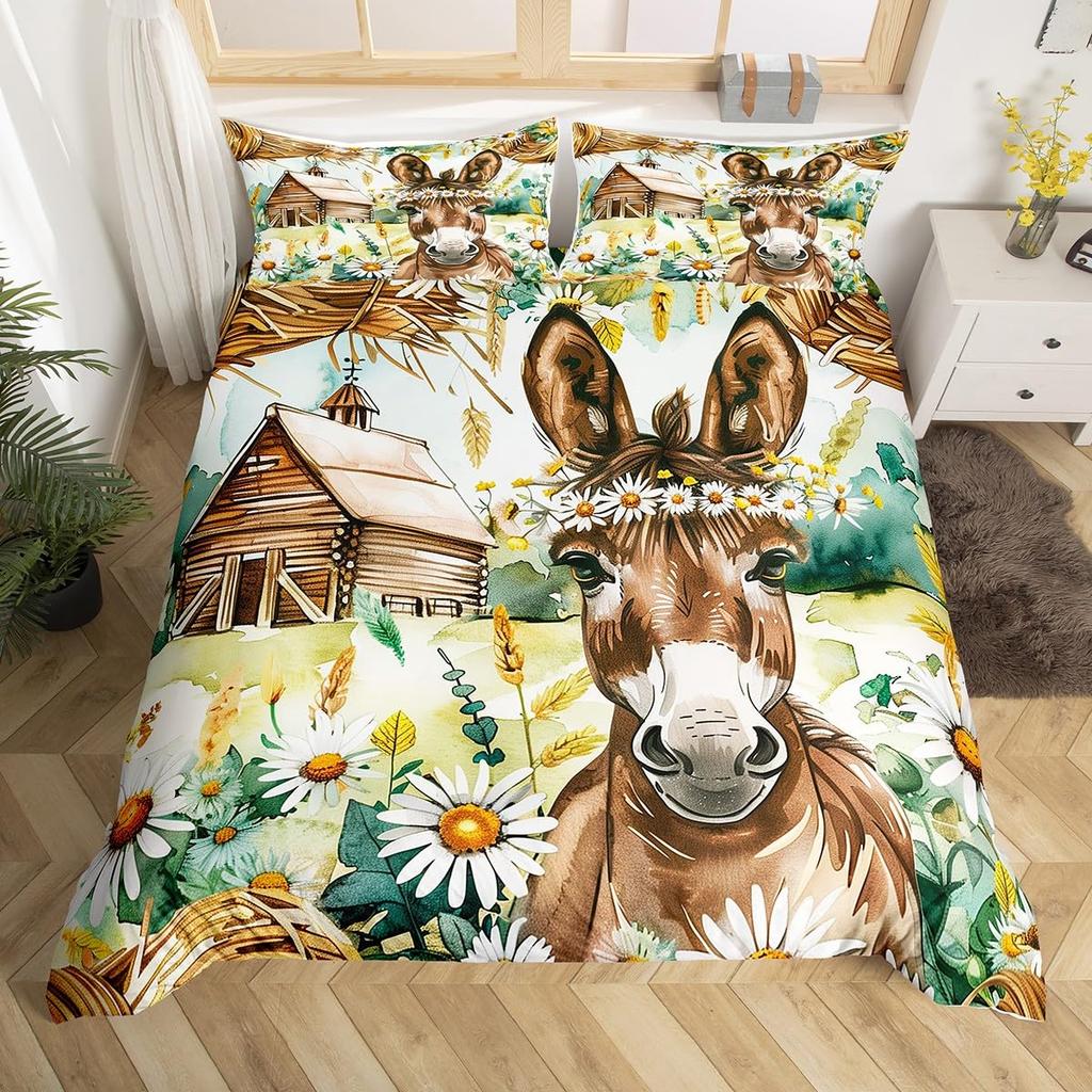 Cute Donkey Duvet Cover Rustic Barn Door Full Bedding Set Farmhouse Decor Farm Animals Comforter Cover Sunflower Flower Bed Set