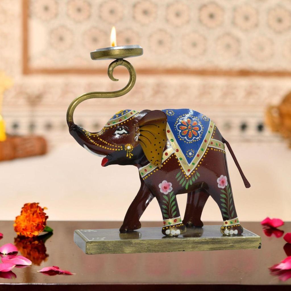 Elefantljusstakar i metall Set om 2, Heminredning - Presentartikel, Dekorativ elefantprydnad för bordsdekoration