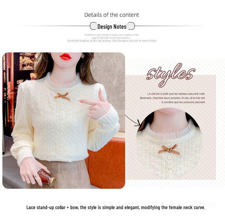 2025 Autumn/Winter Korean Bow Slimming Lace Shirt - Fleece-Lined, Long Sleeve, Versatile Women's Style